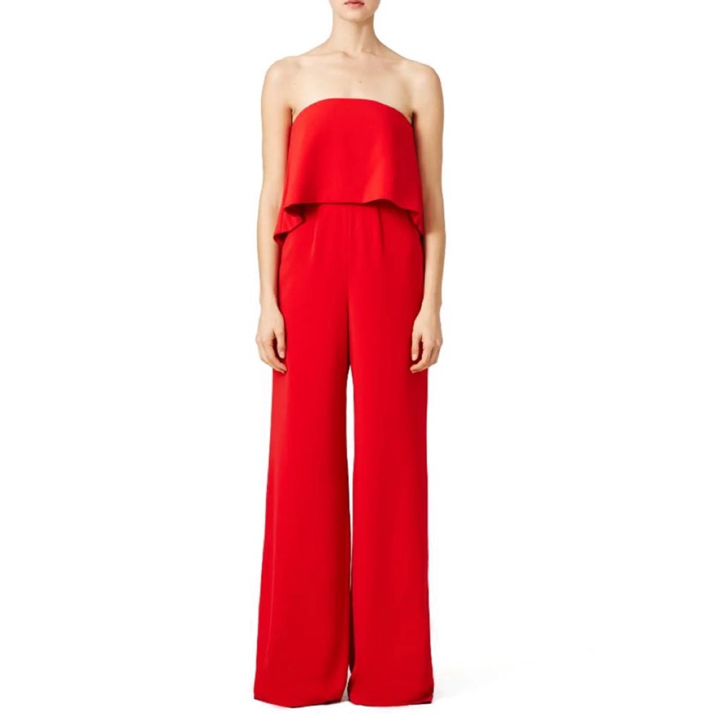 JayGodfrey Retro Ruffle Jumpsuit Strapless Popover Wide Leg Crepe Red 0
